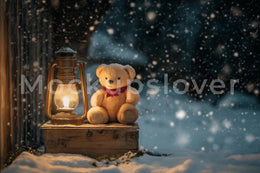 Country Christmas Digital Photography Background, Winter Wonderland, Holiday Kids Prop, Photoshop Template, Teddy Bear, Lantern Backdrop