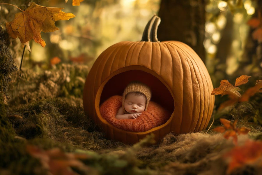 woodland baby boy or girl in autumn forest scene with pumpkins and fall leaves