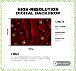 Red Christmas Digital Backdrop, Studio Background, Kids Holiday Portrait Prop, Christmas Ornaments, Photoshop & Canva Template