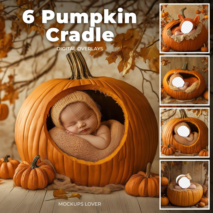 newborn girl in front of pumpkin digital background, fall themed photo prop, face insert for creative studio photography
