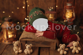 Christmas Newborn Digital Photography Background, Face Swap, Winter Rustic Studio, Cozy Holiday Baby Prop, Teddy Bear, Photoshop Overlay