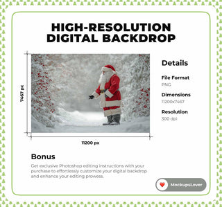 Santa Claus Digital Backdrop, Christmas Photo Background, Snowy Forest, Holiday Kids Prop, Winter Wonderland, Photoshop & Canva Template