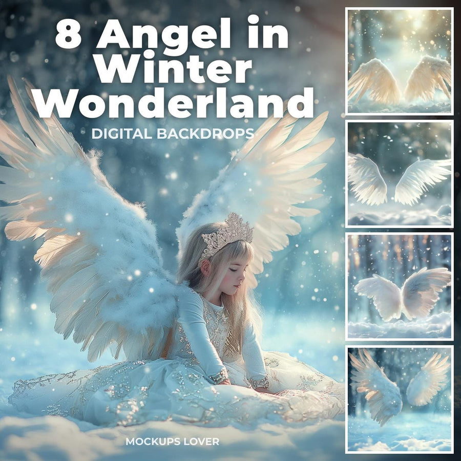 angel wings and snowy forest background for holiday photography and christmas portraits