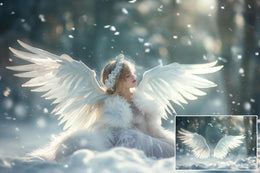 Christmas Angel Wings Digital Backdrop, Winter Wonderland Photo Background, Snowy Forest, Holiday Portrait Prop, Photoshop & Canva Template