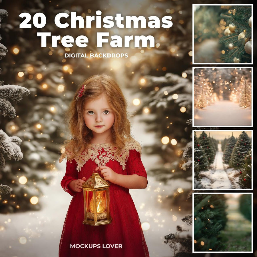 christmas tree farm backdrop with snow, trees, and christmas lights, ideal for holiday photography