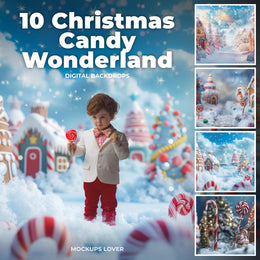 kids in front of candyland christmas backdrop, gingerbread house, holiday scene, festive atmosphere, winter wonderland
