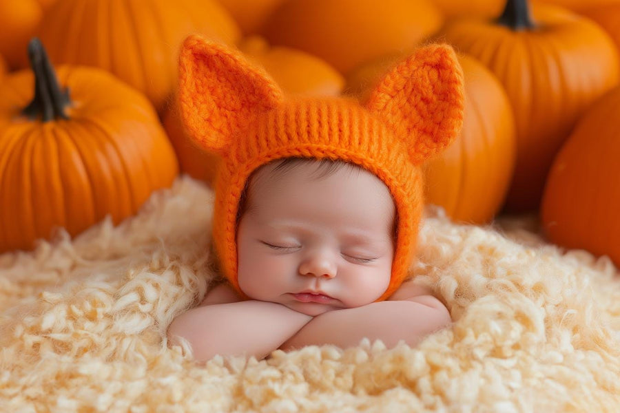 digital newborn photography with pumpkin backdrop and red fox woodland prop