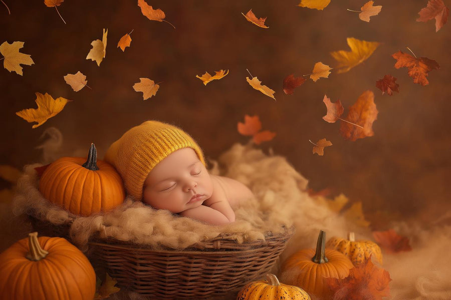 digital backdrop with pumpkins and autumn leaves for newborn photography, perfect for fall baby photo sessions