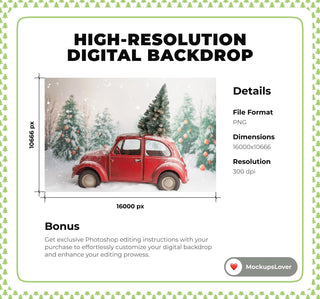 Christmas Digital Backdrop, Red Vintage Car Studio Photo Background, Holiday Baby Prop, Winter Wonderland, Photoshop & Canva Template