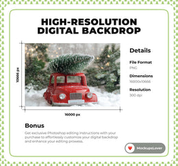 Christmas Red Car Digital Background, Holiday Baby Backdrop, Kids Portrait, Winter Wonderland, Christmas Tree, Forest, Photoshop Template