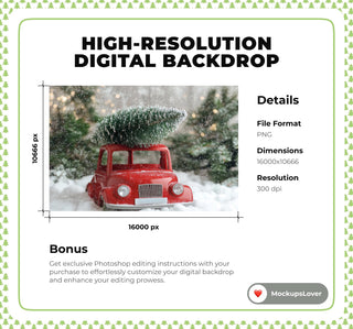 Christmas Red Car Digital Background, Holiday Baby Backdrop, Kids Portrait, Winter Wonderland, Christmas Tree, Forest, Photoshop Template