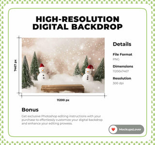 Christmas Studio Digital Photography Background, Snowman Backdrop, Trees, Cozy Holiday Kids Portrait Prop, Soft Bokeh, Photoshop Template