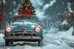 Vintage Christmas Car Digital Backdrop, Winter Wonderland Photo Background, Holiday Kids Prop, Photoshop & Canva Template