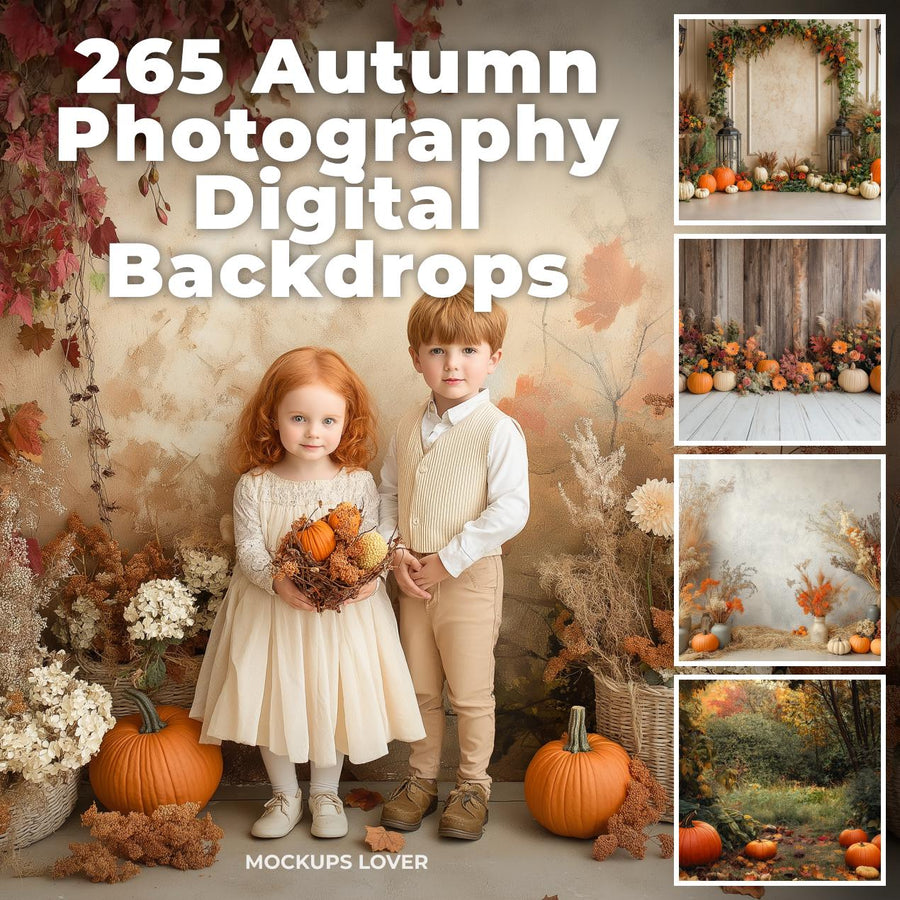 digital backdrop with autumn leaves and pumpkin scene, ideal for portrait photography and creative projects