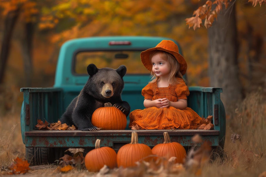 vintage truck with pumpkins and brown forest bear in autumn woodland setting