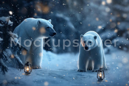 Polar Bear Digital Photography Background, Winter Wonderland, Woodland Creatures, Lantern Backdrop, Kids Photo Prop, Fantasy Forest