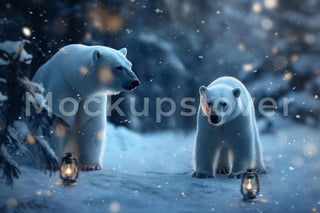 Polar Bear Digital Photography Background, Winter Wonderland, Woodland Creatures, Lantern Backdrop, Kids Photo Prop, Fantasy Forest