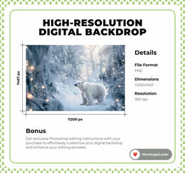 Polar Bear Digital Backdrop, Nordic Christmas, Winter Wonderland Photo Background, North Pole, Holiday Kids Prop, Photoshop & Canva Template