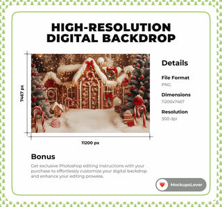 Gingerbread House Digital Backdrop, Christmas Village, Studio Background, Holiday Kids Prop, Winter Wonderland, Photoshop & Canva Template