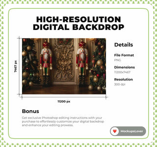 Christmas Giant Nutcracker Digital Photography Background, Holiday Palace Backdrop, Golden Xmas Family & Kids Portrait, Photoshop Template
