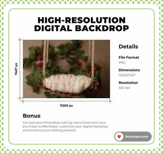 Newborn Christmas Digital Backdrop, Holiday Baby Portrait Prop, Rustic Studio Photo Background, Photoshop & Canva Template