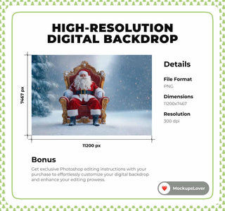 Nordic Christmas Santa Claus Digital Backdrop, North Pole Photo Background, Holiday Kids Prop, Winter Wonderland, Photoshop & Canva Template
