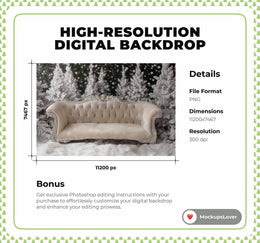 Christmas Digital Photography Background, Winter Wonderland Backdrop, Sofa, Kids Holiday Studio Photo Prop, Photoshop Template, Vintage