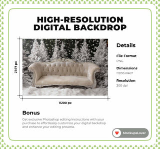 Christmas Digital Photography Background, Winter Wonderland Backdrop, Sofa, Kids Holiday Studio Photo Prop, Photoshop Template, Vintage
