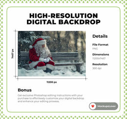 Santa Claus Digital Backdrop, Christmas Photo Background, Holiday Kids Prop, Winter Wonderland, Wooden Bench, Photoshop & Canva Template