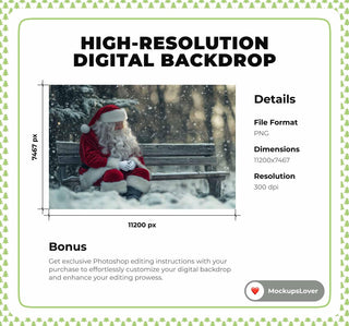 Santa Claus Digital Backdrop, Christmas Photo Background, Holiday Kids Prop, Winter Wonderland, Wooden Bench, Photoshop & Canva Template