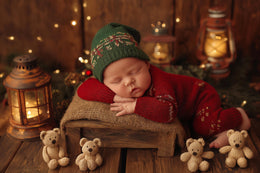 baby with teddy bear in cozy christmas scene, digital background for holiday photos
