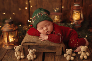 baby with teddy bear in cozy christmas scene, digital background for holiday photos
