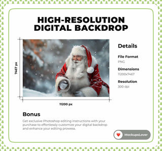 Santa Claus Digital Backdrop, Christmas Photo Background, Holiday Kids Portrait Prop, Winter Wonderland, Photoshop & Canva Template