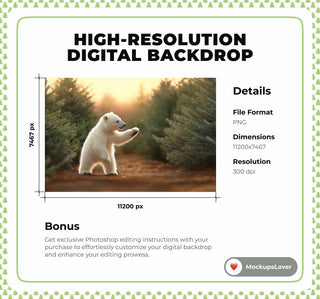 Christmas Tree Farm Digital Backdrop, Polar Bear, Woodland Animals Photo Background, Kids Holiday Prop, Photoshop & Canva Template