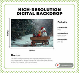 Rustic Christmas Digital Backdrop, Farm Cart Photo Background, Holiday Kids Prop, Winter Wonderland, Photoshop & Canva Template