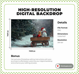 Rustic Christmas Digital Backdrop, Farm Cart Photo Background, Holiday Kids Prop, Winter Wonderland, Photoshop & Canva Template