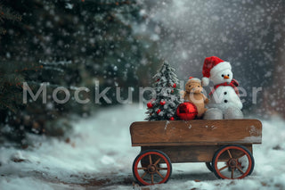 Rustic Christmas Digital Backdrop, Farm Cart Photo Background, Holiday Kids Prop, Winter Wonderland, Photoshop & Canva Template