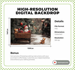 Christmas Wagon Digital Photography Background, Winter Wonderland, Snowman Backdrop, Holiday Kids Photo Prop, Photoshop Template, Teddy Bear