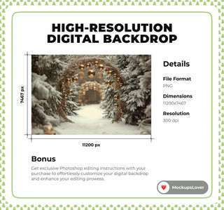 Christmas Arch on Snow Forest Background, Winter Wonderland Digital Backdrop, Outdoor Snow Photography Composite, Family & Kids Portrait