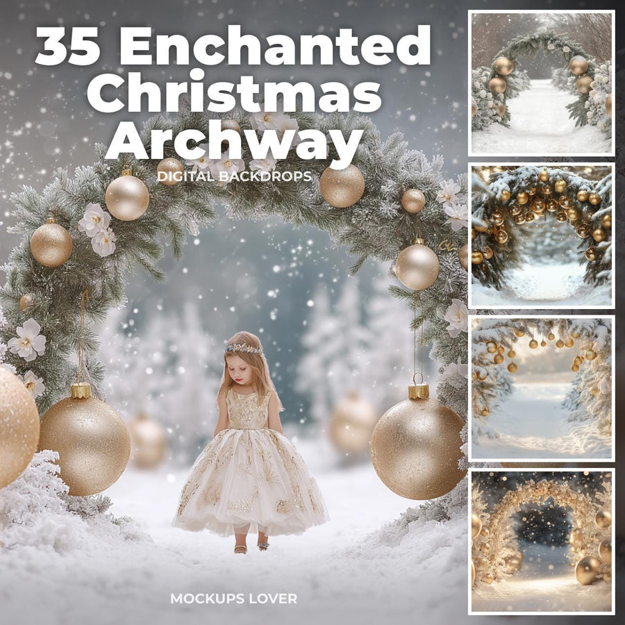 scene of a festive christmas arch in a winter wonderland backdrop, suitable for holiday and family photography
