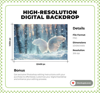 Christmas Angel Wings Digital Backdrop, Winter Wonderland Photo Background, Snowy Forest, Holiday Portrait Prop, Photoshop & Canva Template