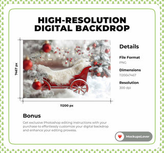 White Christmas Studio Newborn Digital Backdrop, Holiday Baby Prop, Winter Wonderland Photo Background, Red Wagon, Photoshop Canva Template