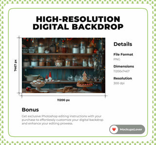 Rustic Christmas Farmhouse Kitchen Digital Backdrop, Bakery Photo Background, Holiday Kids Portrait Prop, Photoshop & Canva Template