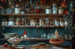 Rustic Christmas Farmhouse Kitchen Digital Backdrop, Bakery Photo Background, Holiday Kids Portrait Prop, Photoshop & Canva Template