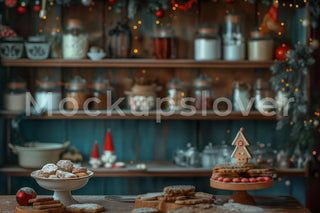 Rustic Christmas Farmhouse Kitchen Digital Backdrop, Bakery Photo Background, Holiday Kids Portrait Prop, Photoshop & Canva Template