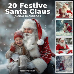 santa claus and children in a snowy winter scene with christmas lights and festive decorations