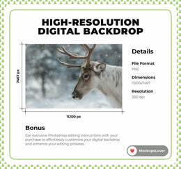 Nordic Christmas Reindeer Digital Backdrop, Winter Wonderland Background, Woodland Animals, Holiday Kids Prop, Photoshop & Canva Template