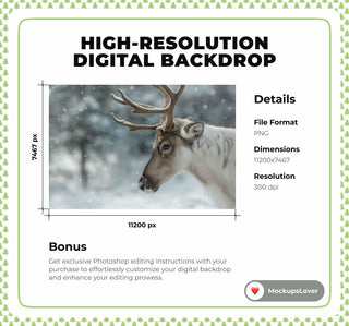 Nordic Christmas Reindeer Digital Backdrop, Winter Wonderland Background, Woodland Animals, Holiday Kids Prop, Photoshop & Canva Template