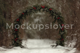 Christmas Digital Photo Background, Snowy Forest Arch Backdrop, Winter Wonderland, Holiday Kids Prop, Photoshop & Canva Template