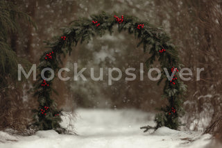 Christmas Digital Photo Background, Snowy Forest Arch Backdrop, Winter Wonderland, Holiday Kids Prop, Photoshop & Canva Template